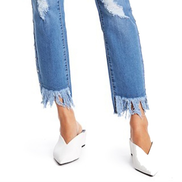 Fray Step Hem Straight Embellished Jeans - Picture 2 of 9